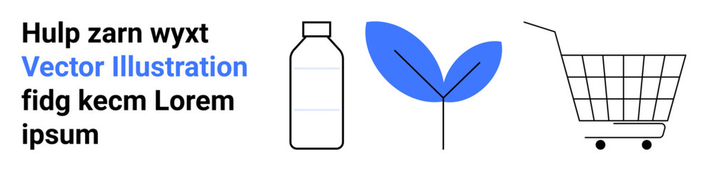 Black and blue vectors showing a water bottle, a leaf, and a shopping cart. Ideal for eco-friendly themes, minimalism, sustainability, environmental awareness, online shopping, green products