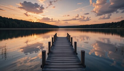 Obraz premium Serene Sunrise Over a Peaceful Lake Dock