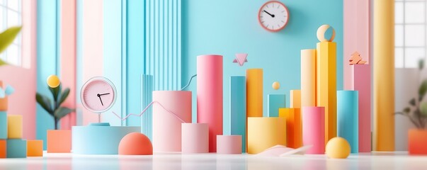 Obraz premium A vibrant scene featuring colorful geometric shapes and a clock against a pastel backdrop, creating a playful and modern atmosphere.