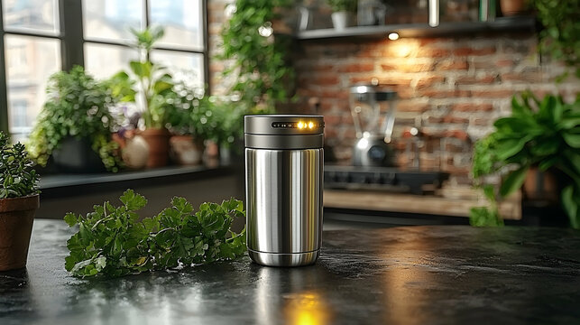 Smart thermos sits on kitchen counter, plants & brick wall background, showcasing eco-friendly design.