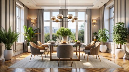 Fashion Photography of an Elegant Room with an Empty Table Space, Stylish Decor, Minimalist Aesthetics, Natural Light, Modern Interior Design, Chic Accessories, and Creative Composition
