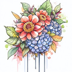 Vibrant Watercolor Flower Illustration: Delicate Blooms Dripping Colorfully on White. AI Generated