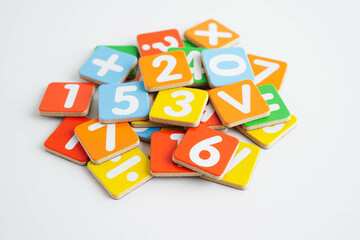 Number wood block cubes for learning Mathematic, education math.