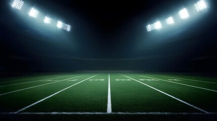 Illuminated Football Field Under Stadium Lights with Dark Background and Copy Space. Ideal for Sports, Team Events, and Marketing Concepts