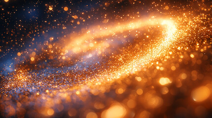 Abstract swirling golden and blue glitter particles on dark background.