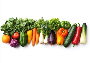 Fresh and Colorful Assortment of Organic Vegetables and Fruits Arranged Neatly on a White Background for Healthy Eating and Culinary Inspiration