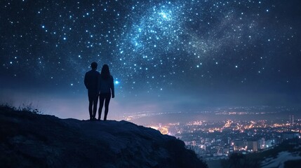 Fototapeta premium Romantic Couple Stargazing on Mountain Top with Starry Sky and City Lights in Background, Perfect for Love and Adventure Themes
