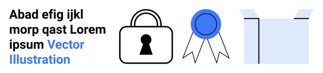 Lock symbolizing security, blue ribbon badge for certification, and box representing packaging. Ideal for security, certification, packaging, trust, awards protection online commerce. Landing page