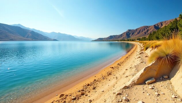 Dry lake shore with reduced vegetation and increased sedimentation, drought effects, natural decline, dry ground