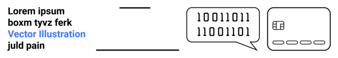 Text block beside minimalist lines, speech bubble with binary code, and a card icon. Ideal for tech, data exchange, programming, communication, cybersecurity, software development and digital