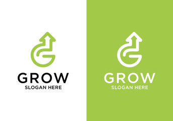 growth logo design with wordmark. Abstract arrow shape logo design in G letter graphic. Symbol, icon, creative.	