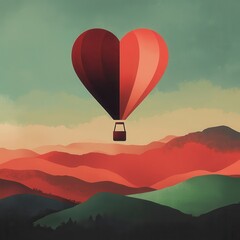Fototapeta premium Romantic Heart-Shaped Hot Air Balloon Floating Over Colorful Hillsides