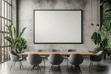 Modern Industrial Conference Room with Large Blank Screen and Stylish Gray Chairs in a Minimalist Setting with Greenery