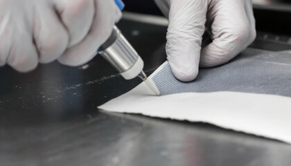 Precision Textile Treatment: Close-up of a Specialist Using a Tool on Fabric
