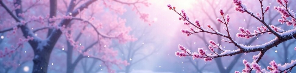 Frosty lilac landscape with snowflakes gently falling amidst bare branches, frosty, serene, tree branches