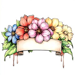 Vibrant Hand-Drawn Floral Illustration: Colorful Blooms Gracefully Arranged with Blank Banner. AI Generated