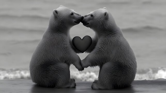 Two polar bear cubs holding a heart.
