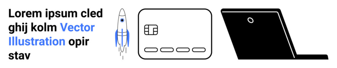 Rocket launching, payment card with chip, and laptop highlighting innovation, fintech, and digital transformation. Ideal for technology, finance, startups, e-commerce payments growth