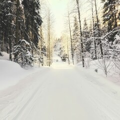 Obraz premium Snowy Winter Forest Path Serene Landscape Snow Covered Trees Winter Wonderland Nature