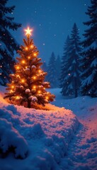 Glowing LED lights on a snowy hill with a Christmas tree, frosty atmosphere, winter wonderland, glowing lights