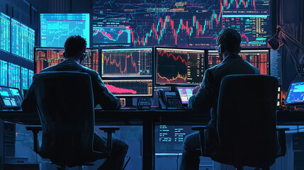 Naklejka premium Two young men in suits, sitting at their desks with computers and stock charts on the screen