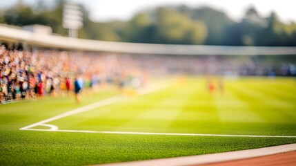 Obraz premium Overhead View of a Gigantic Football Stadium at Night Filled with Energetic Fans, Illuminated by Floodlights, with Copy Space for Design. Perfect for Sports, Events, and Advertising Concepts