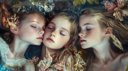 Obraz premium Three Young Girls Sleeping in Water with Flowers