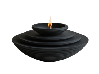 contemporary incense holder with sleek design, featuring multiple layered bowls in matte black finish. warm glow of flame adds calming ambiance to any space