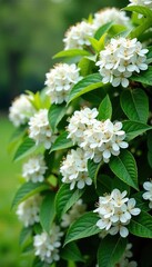 Ninebark bush covered with white spring blossoms, bush, tree