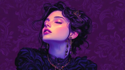 Fototapeta premium Elegant Woman in Purple Attire Adorned with Jewels