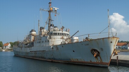 Naklejka premium Rusty Ship Docked at Harbor
