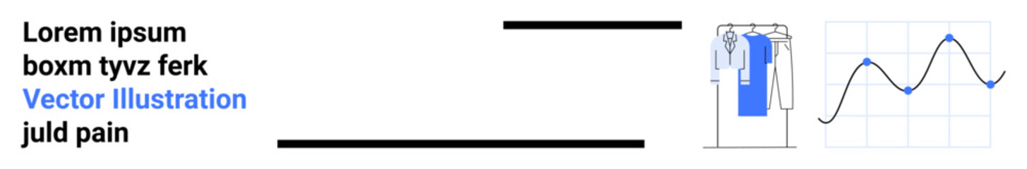 Obraz premium Latin placeholder text beside blue clothing on hangers and a line graph. Ideal for business presentations, website design, infographic elements, data visualization, marketing materials, fashion