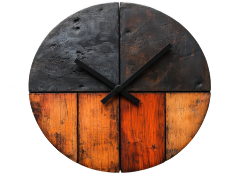 minimalist wall clock with modern design featuring unique wooden texture and contrasting colors, perfect for contemporary decor
