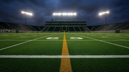 Obraz premium Overhead View of a Gigantic Football Stadium at Night Filled with Energetic Fans, Illuminated by Floodlights, with Copy Space for Design. Perfect for Sports, Events, and Advertising Concepts