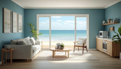 Obraz premium Bright and airy living space overlooking the serene sea.