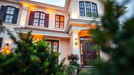 Exterior View of Two-Story House at Dusk