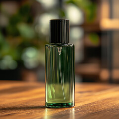 green cylinder glass perfume bottle on wooden table isolated on background perfume bottle rack slightly blurred, Ai generated images