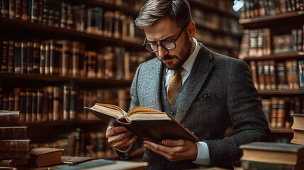 Business Lawyer Presenting Legal Services to Clients in Law Library Setting
