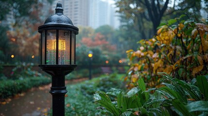 Rainy Autumn Evening in the City Park: A Glowing Lamp Post