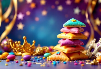 Colorful carnival-themed cookies with star decorations and festive background