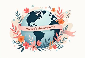 Women's history month globe surrounded by flowers and banner art
