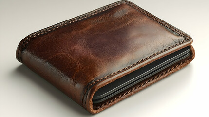 Rustic brown leather wallet on white background, showcasing hand stitching detail; ideal for finance, fashion, or lifestyle websites.