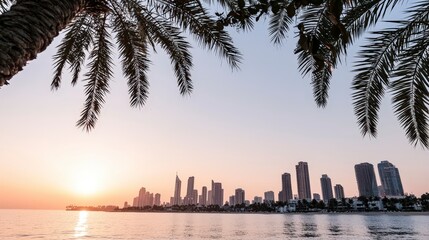 Stunning Sunset Skyline  Palm Trees  Beach Cityscape