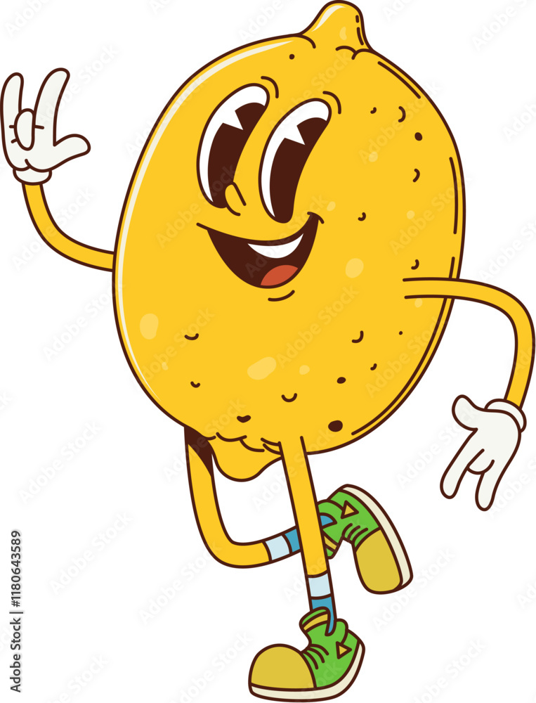 Aufkleber groovy lemon fruit character in retro cartoon with funny face, vector comic emoji. groovy lemon with