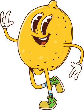 Naklejki Groovy lemon fruit character in retro cartoon with funny face, vector comic emoji. Groovy lemon with funky happy smile and ILY or I Love You sign gesture in hipster shoes for retro cartoon character
