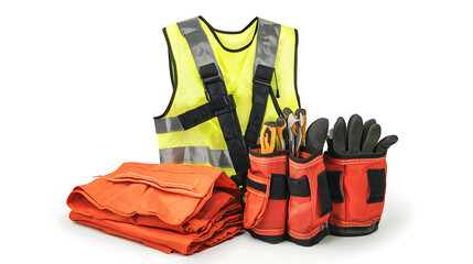 Professional construction safety gear including reflective vest, gloves, and tools