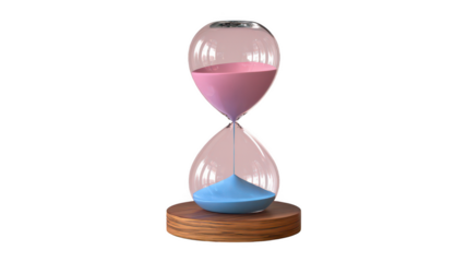 3D model of hourglass with flowing sand, featuring pink and blue colors, set on wooden base. This artistic piece symbolizes passage of time and can enhance any decor