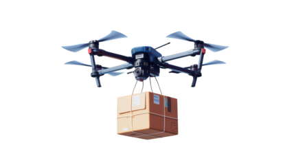 3D render of drone carrying package, showcasing modern delivery technology and innovation. drone hovers with precision, emphasizing efficiency in logistics