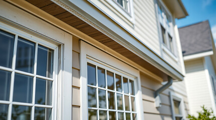 Close-up view of a house's exterior, showcasing beige siding, white-framed multi-paned windows, and a grey rain gutter.  A portion of a neighboring house is visible in the background.