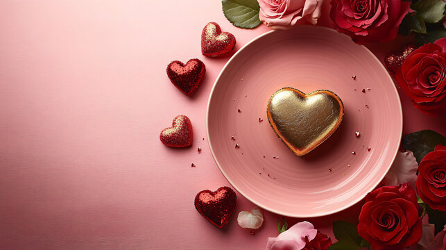 A romantic Valentine's Day scene featuring a heart-shaped chocolate on a pink plate, surrounded by roses and heart decorations, perfect for event promotions or intimate celebrations.